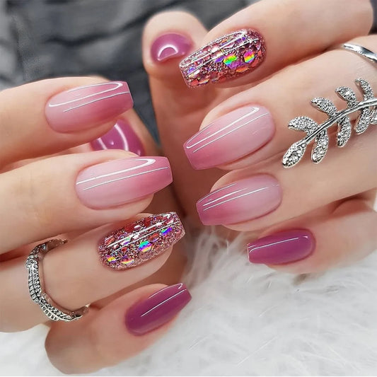 VividGlam: Coffin False Nails with Gradient Patterns